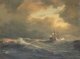 Anton Melbye (1818-1875): Marine med sejlskib i høj sø, olie på malerpap