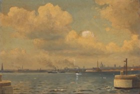 Christian Blache (1838-1920): Parti fra København set fra Øresund, olie på malerpap