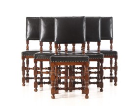 Set of 6 baroque chairs, black leather, oak, 20th century. (6)