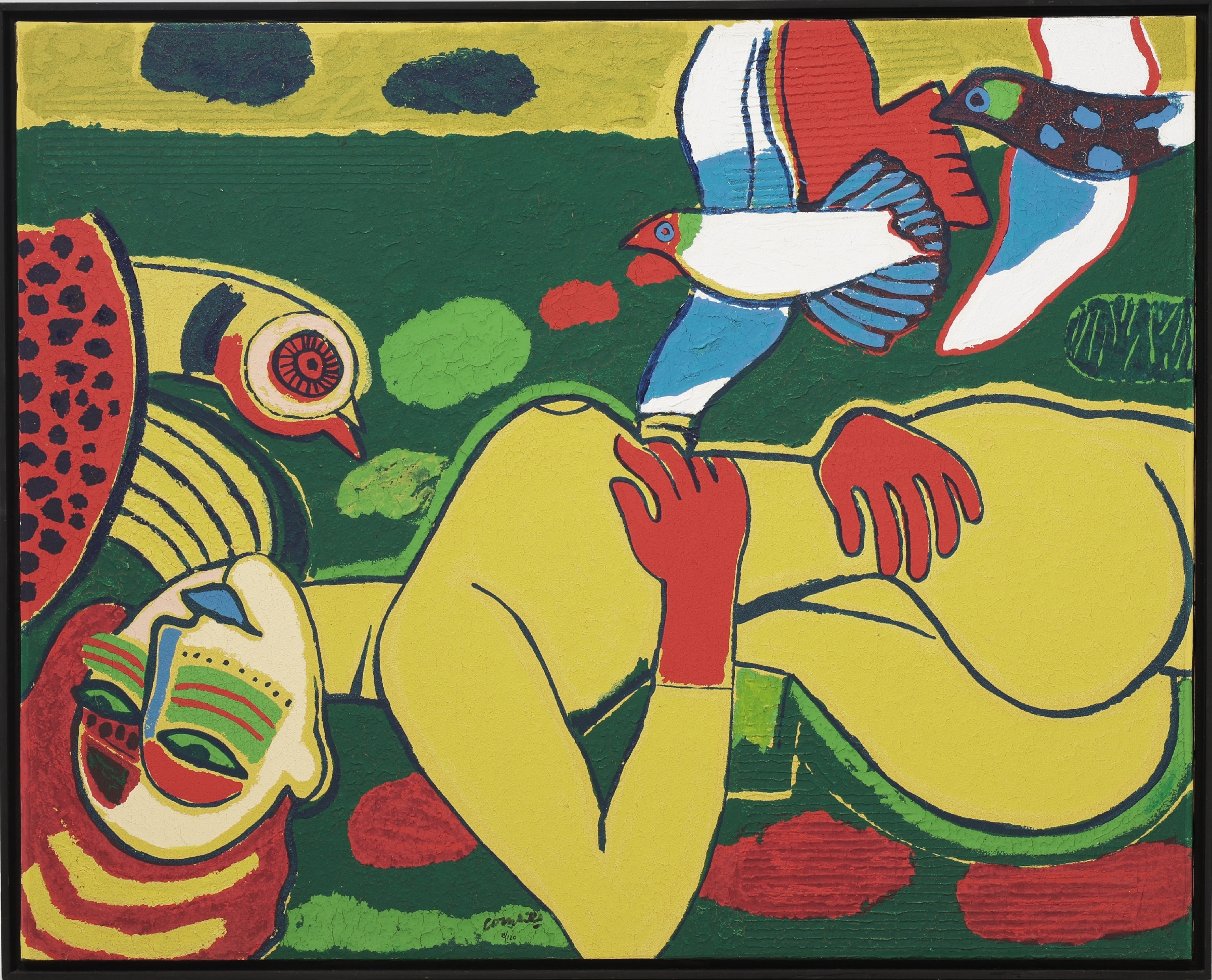 Corneille (Guillaume Cornelis van Beverloo, 1922-2010): Figural scenery with female model and birds. Terragraphy, c. 2004.