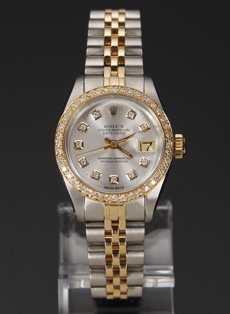 på vegne af maskulinitet Bevæger sig Rolex Oyster Perpetual Datejust 18k guld/stål Customized dame armbåndsur  med diamanter | Lauritz.com