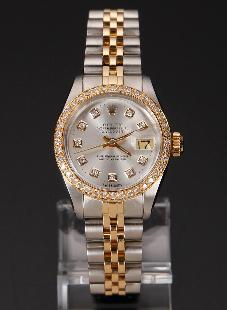 Rolex Oyster Perpetual 18k Customized dame armbåndsur med diamanter | Lauritz.com