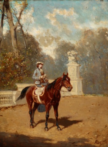 Fransk maler. Park med dame til hest, ca. 1870
