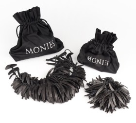 MONIES. Statement necklace and slip-on bracelet in textured black polyester and leather (2)