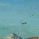 I.E.C. Rasmussen. Solbeskinnet grønlandsk fjordlandskab ved Nuuk med fanger i kajak, i baggrunden bygd