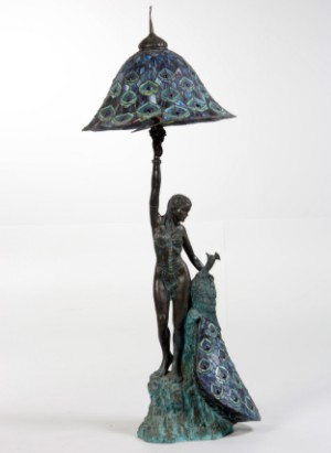Floor Lamp Patinated Bronze In Shape Of A Woman With A Peacock