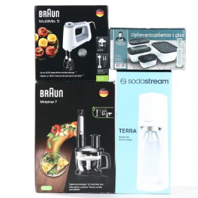 SodaStream, Braun stick blender and mixer and storage buckets (4)