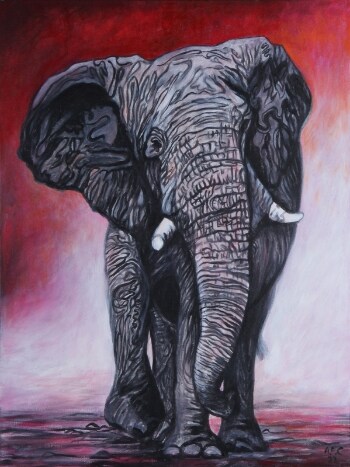 Anita Falbe Cleyton. Komposition med elefant. 60x80 cm.