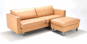 Danish furniture manufacturer: Four-person. sofa and pouf, light brown leather (2)