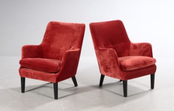 Arne Vodder. Par lænestole / loungestole, rødt velour (2)