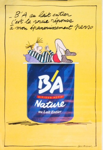 Claire Bretecher. Stor, fransk plakat, BA au lait entier, ca. 1980erne