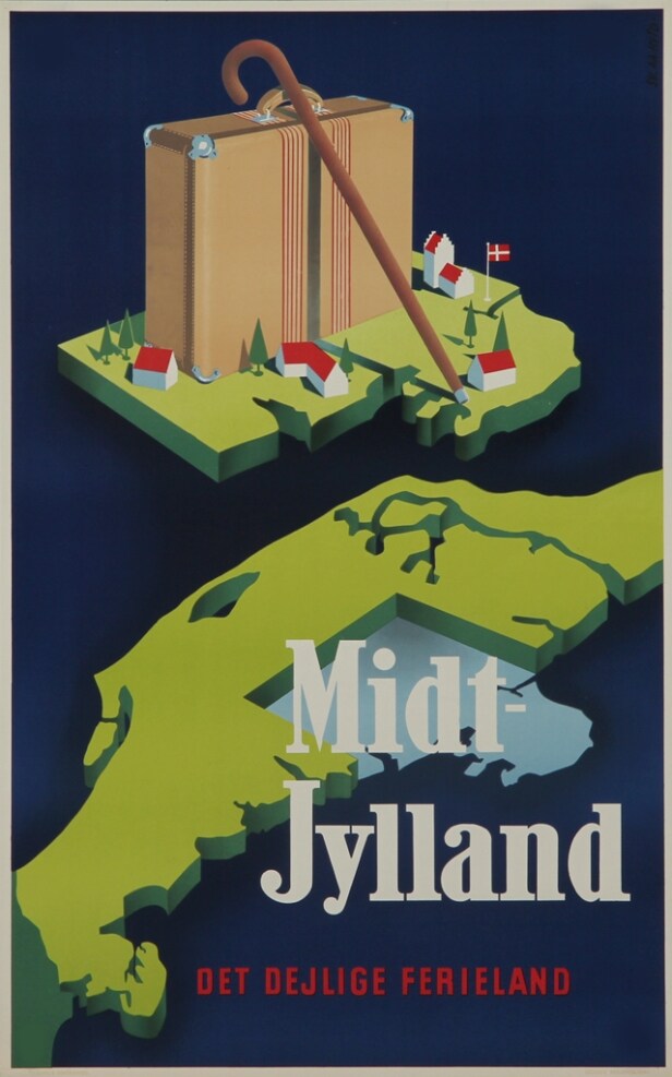 Sjælden plakat, 'Midt-Jylland. Det dejlige ferieland', midten af 1900-tallet
