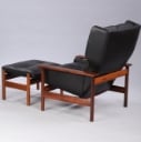 Sven Ivar Dysthe. High-back armchairs with ottoman in rosewood, rarely offered at auction (2)