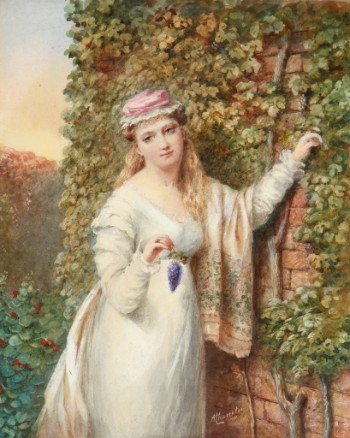 Engelsk kunstner. Ung dame plukker druer, akvarel, 1870