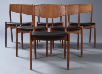 Henry Kjærnulf. Et sæt på seks stole, model 317. Eg / anilin læder (6)