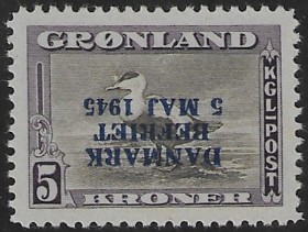 GRØNLAND. 1945. Danmark Befriet. Omvendt Overtryk. 5 Kr.