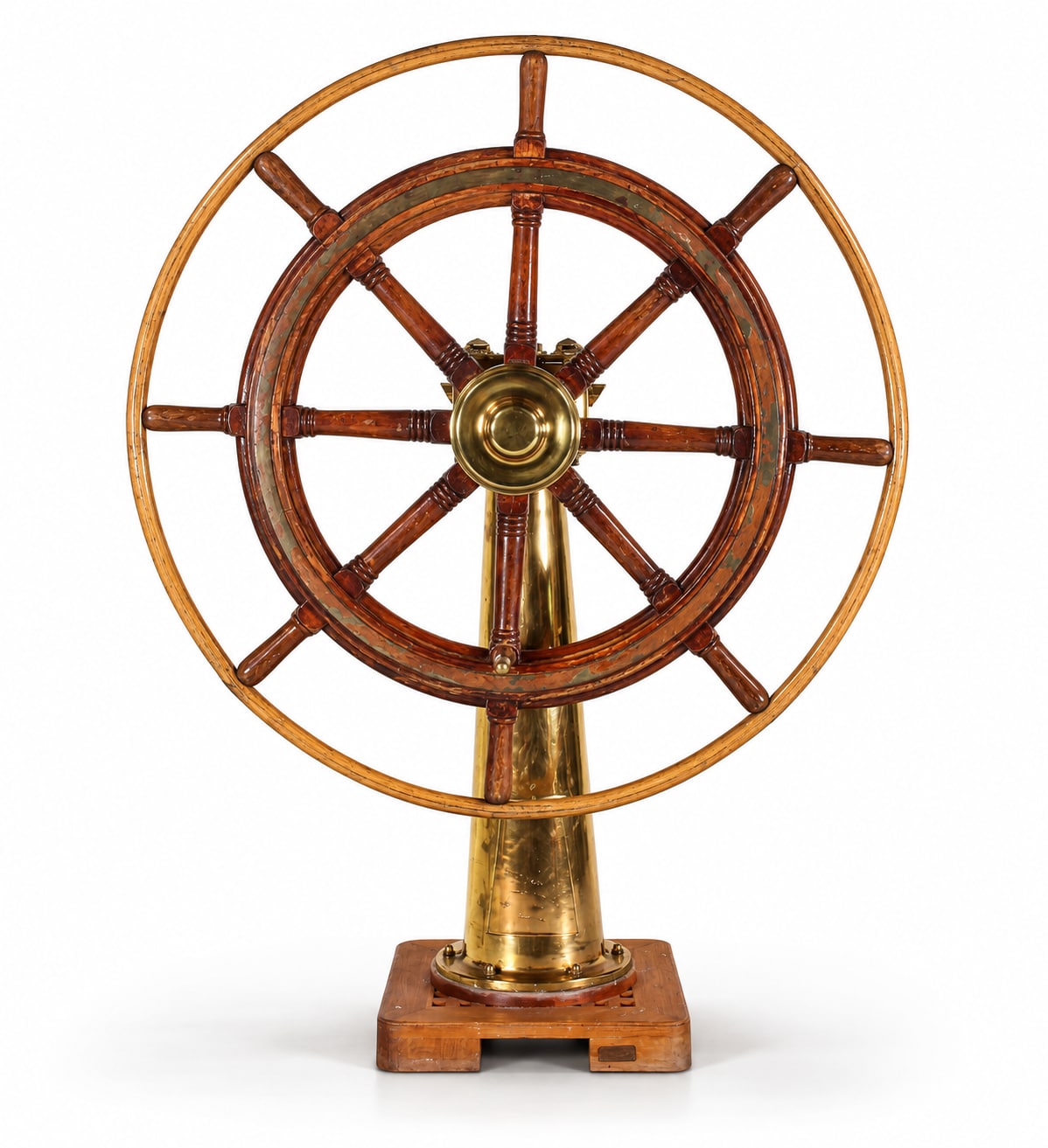 Original large ship's wheel with brass stand from Thomas Thrige, Odense. Mounted on a base from Trip Trap.