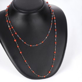 Italian necklace in silver and 9 kt. gold with diamonds, coral and sapphire pearls, diamonds 0.50 ct.