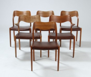 N.O. Møller. Par armstole samt fire spisestole model 55 og 71, teak (6)