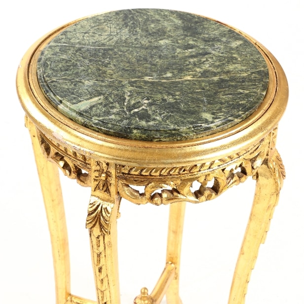 Small round table of gilded wood with a top of green-mottled marble