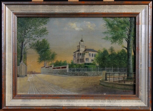 A. Lund. Hvidøre Slot, Strandvejen, Klampenborg, olie på lærred, ca. 1910/20erne