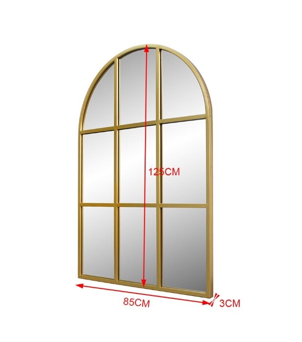 Mirror with curved top, gold-colored iron frame. 125x85 cm