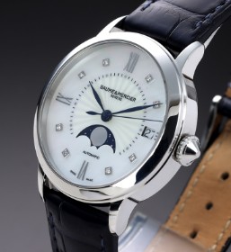 Baume & Mercier 'Classima Moonphase'. Midsize dameur i stål med brillantbesat perlemorsskive, ca. 2020'erne