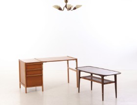 Sune Fromell and others Coffee table, desk and chandelier, 1960s-70s (3)