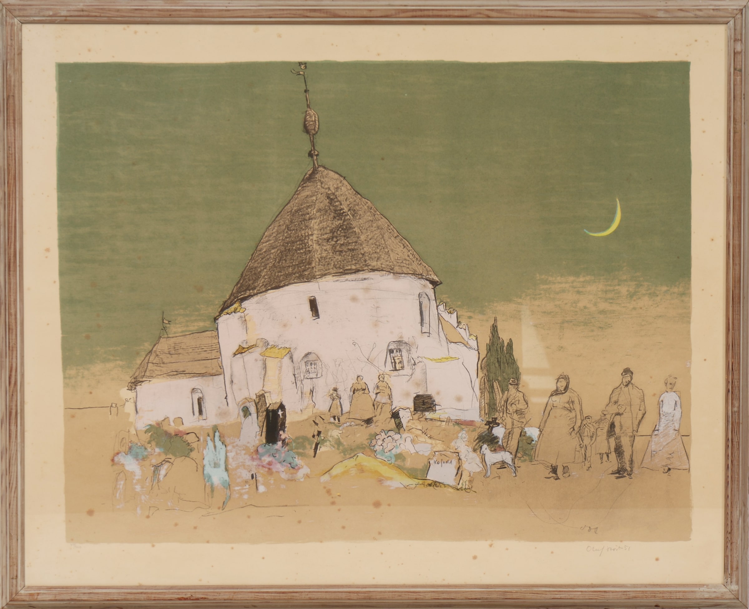 Oluf Høst (1884-1966): Østerlars Round Church. Lithograph in colors, 1951.