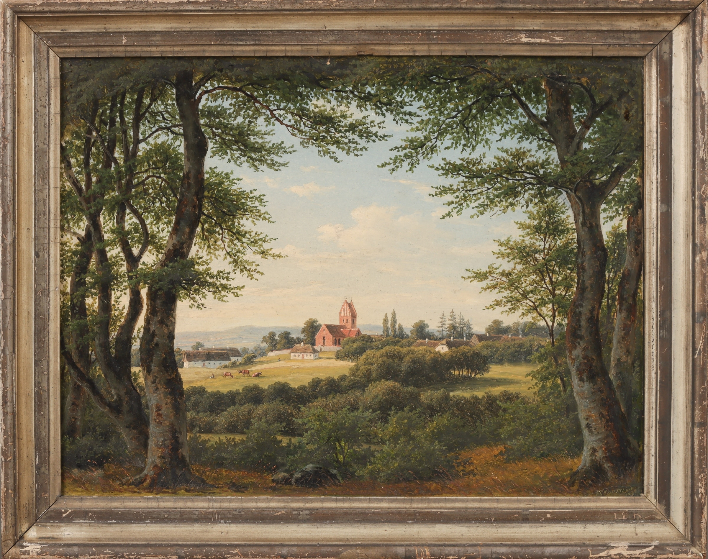 F.C. Kiærschou. Landscape with sprouting beech trees and a view of the village church, 1868