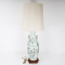 Stor kinesisk bordlampe af porcelæn dekoreret med figurer i landskab og skrifttegn