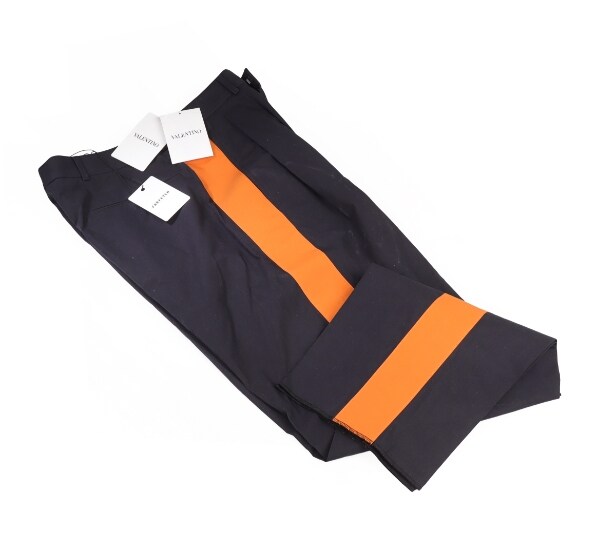 Valentino. Navy blue canvas trousers with orange accents, size 46