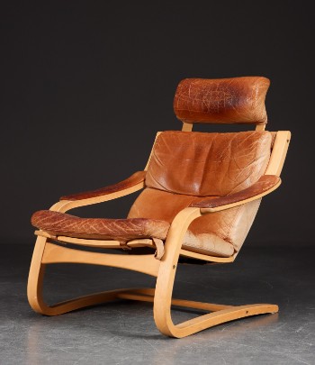 Lænestol / hvilestol af bøgetræ & cognacfarvet læder
