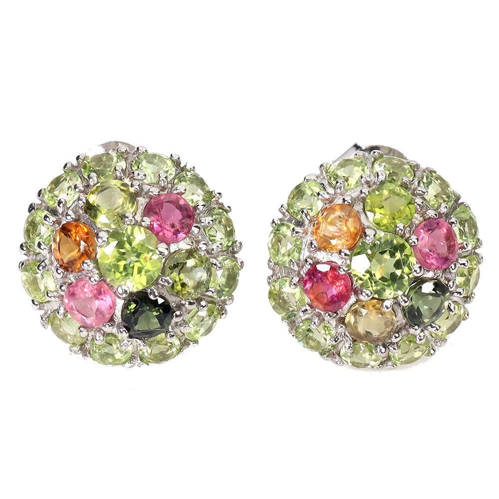 Earrings in rhodium-plated sterling silver with numerous tourmalines and peridots