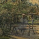 A. Thounfild, olie på lærred, 'Et bondehus fra Korsbækegnen'