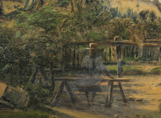 A. Thounfild, olie på lærred, 'Et bondehus fra Korsbækegnen'