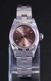 Rolex Oyster Perpetual dameur af stål og 18 kt hvidguld med Pink skive