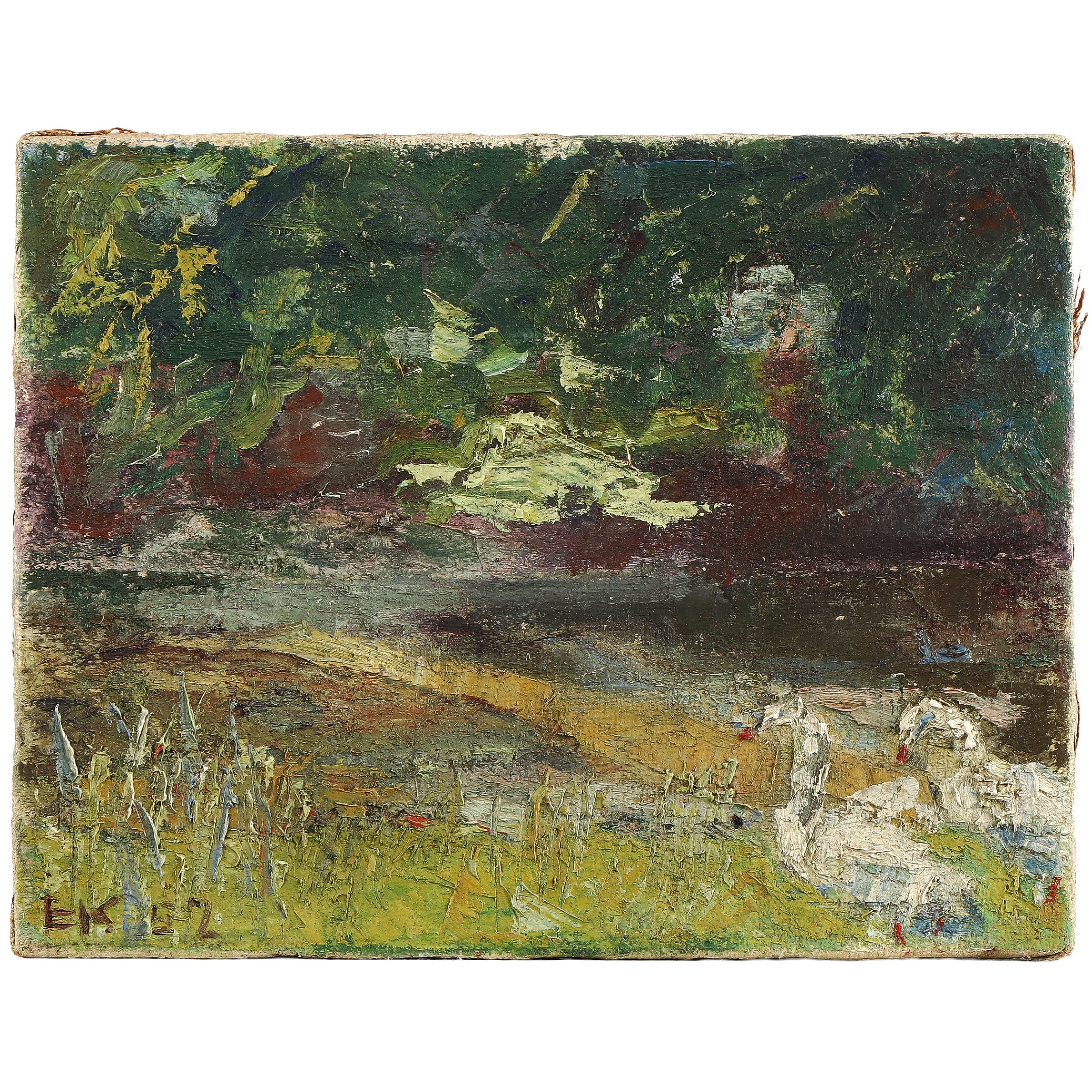 Evgenij Klenø. Swans by the sea, storm in the background.