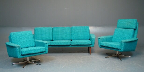 Sofa og 2 hvilestole med turkis uld, ca. 1960'erne (3) 
