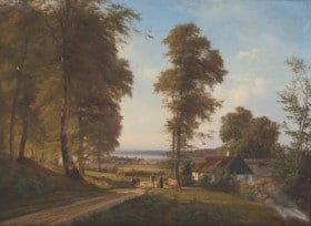 Anders Andersen-Lundbye (1840-1923). Landskab med gård  i skov ved sø 1869.