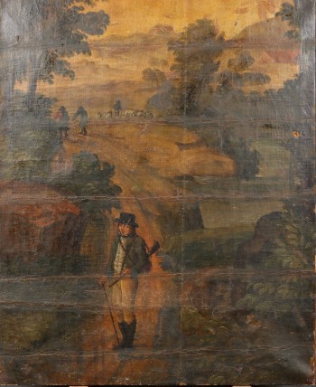 Ubekendt kunstner, 17/1800-tallet. Landskab med vandrende figurer, fårehyrde og mand med gevær