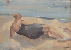 Albert Svendsen:  'Paa Skagen Strand'. Strandparti med liggende dame, 1919