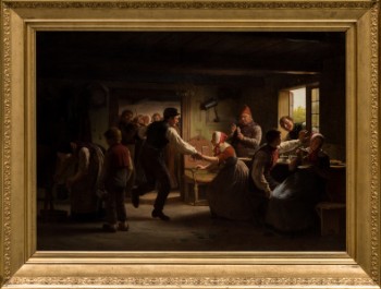 Julius Exner, almueinteriør med pige der bliver budt op til dans (bondegilde), olie på lærred 1870