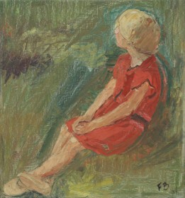 Unknown artist: Woman in red dress, oil on canvas - 1934