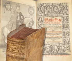 Michael Caspar Lundorph / Nicolaus Bellus. 'Österreichischer Lorbeerkrantz', Frankfurt am Main 1626, i samtidig indbinding med kurfyrsten af Pfalz' våbenskjold