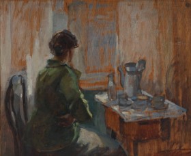 Aage Lund (1892-1972): 20 årh.: Rygvendt kvinde med kaffebord. Ca. 1940.