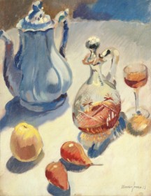 Herman Jensen. Arrangement with jugs, wine and fruit. Oil on canvas