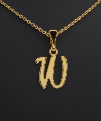 Vedhæng i form af bogstavet W, af 8 kt. guld, dertil en kæde af forgyldt sterling sølv