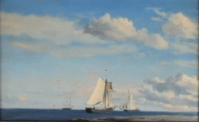 Emanuel Larsen (1823-1859): Skibe for sejl ved kysten. Scheveningen 1852.