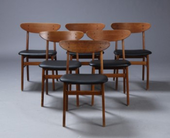 Farstrup. Et sæt på seks stole i teak og bøg, model 210. Nypolstret. (6)